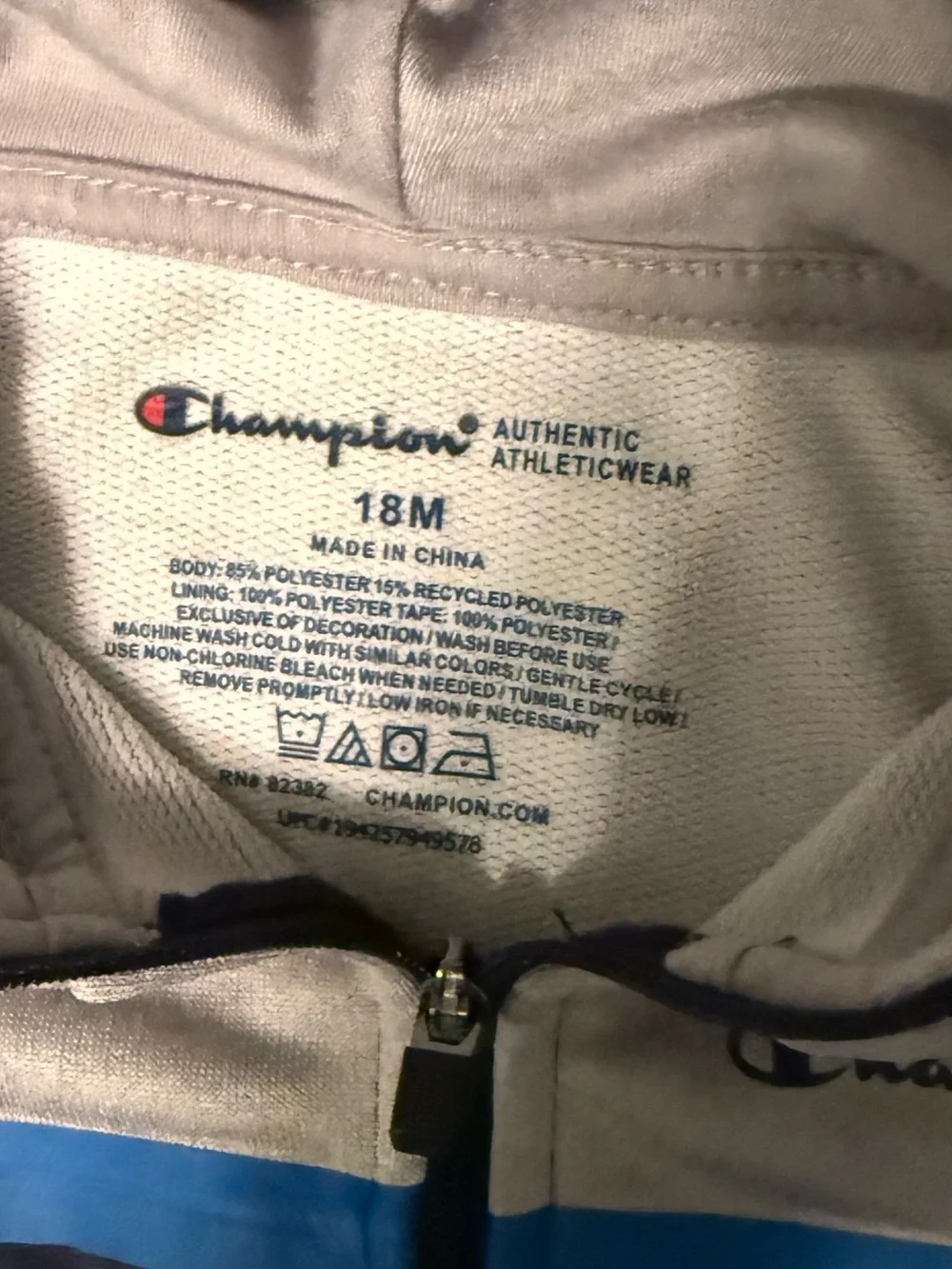 Champion baby 18 month Hooded Zip Jacket in Gray, Navy & Blue Accent